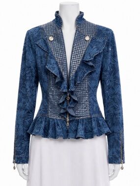 Y2K Seandara Victorian Romantic Western Floral Jacquard Ruffle Denim Jacket